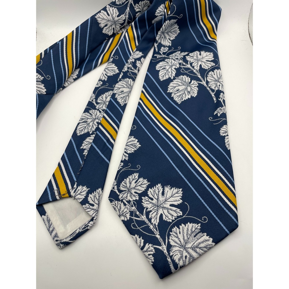 Vintage Sears The Mens Store Navy Blue Striped Leaf Print Wide Polyester Tie